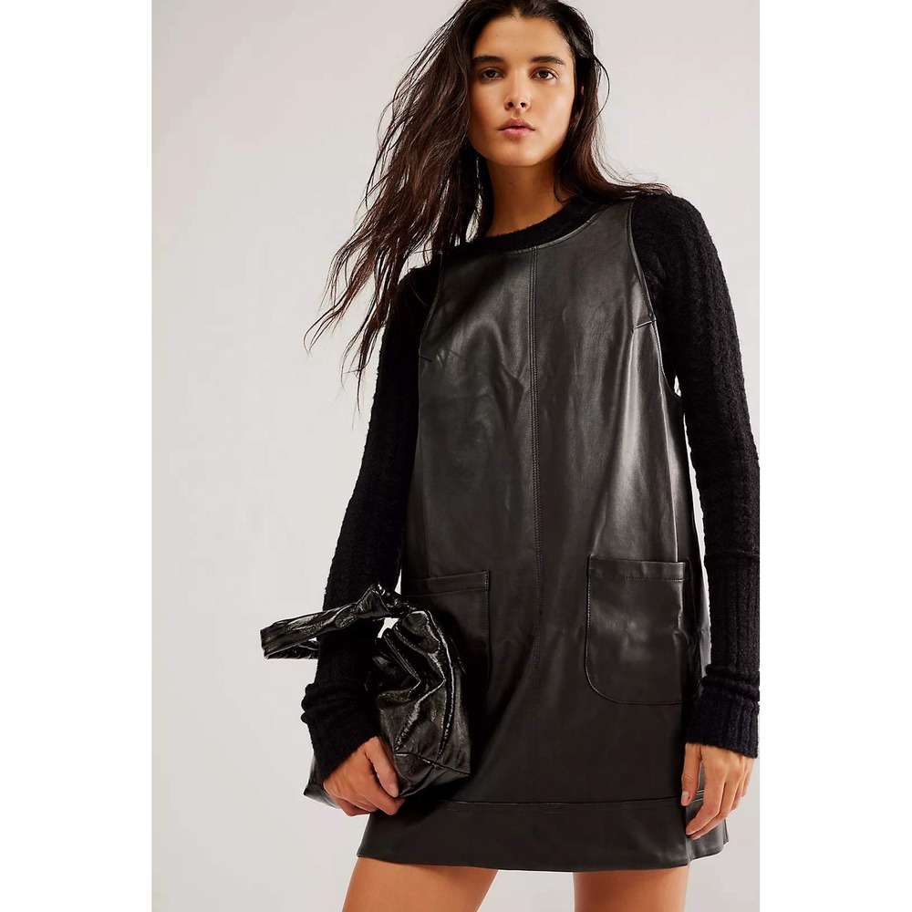 Free People All Around Vegan Mini Dress Black Faux Leather Jumper Scoop Back M